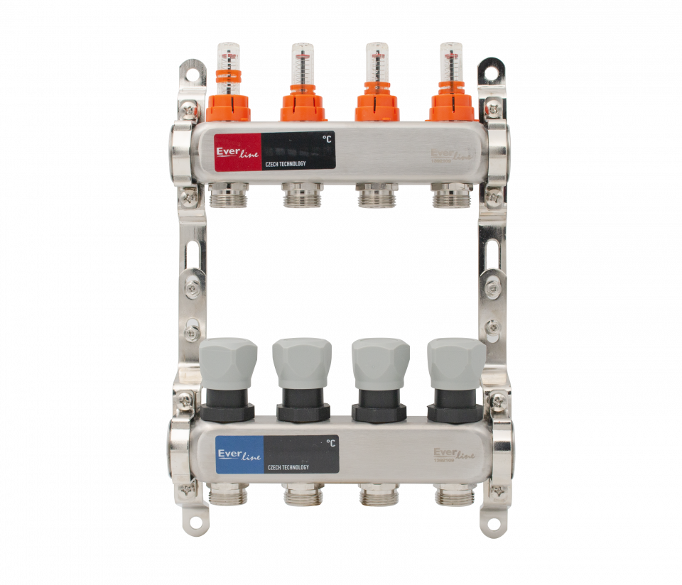  Set distribuitor incalzire pardoseala inox 1, 4 cai, debitmetre integrate Everline EVP-DSC3411/4 EVP-DSC3411/4