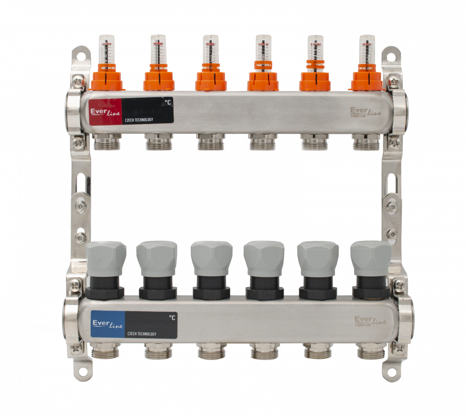  Set distribuitor incalzire pardoseala inox 1, 6 cai, debitmetre integrate Everline EVP-DSC3411/6 EVP-DSC3411/6