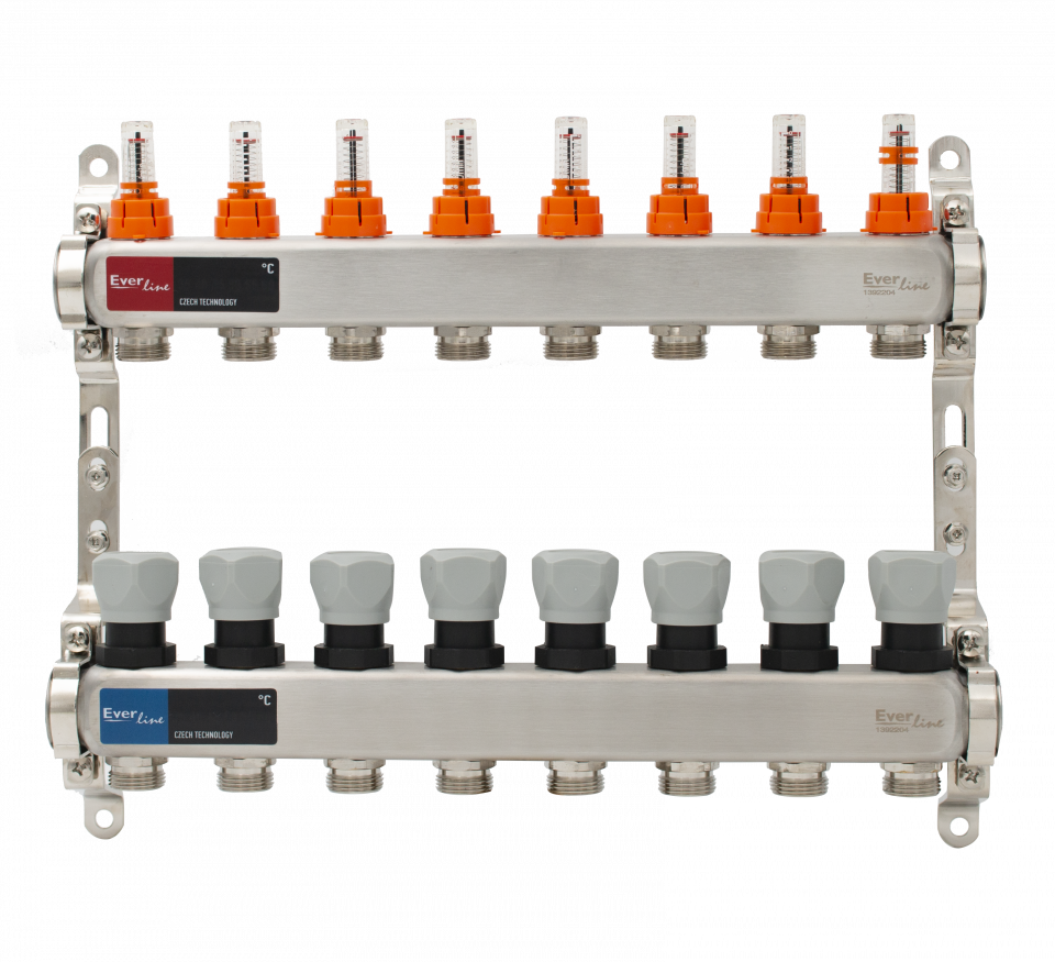  Set distribuitor incalzire pardoseala inox 1, 8 cai, debitmetre integrate Everline EVP-DSC3411/8 EVP-DSC3411/8