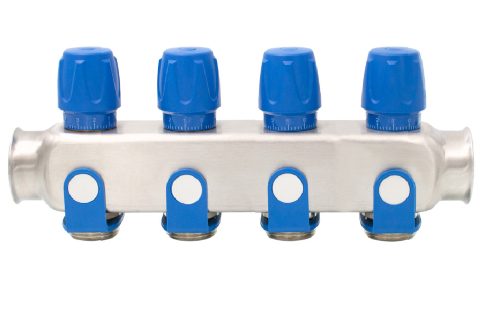  Distribuitor din inox echipat cu robinet On/Off, 4 cai, 1 - 3/4, albastru Everline EVP-DSD3411/4A EVP-DSD3411/4A