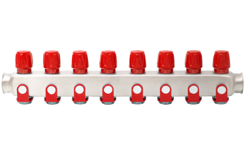  Distribuitor din inox echipat cu robinet On/Off, 8 cai, 1 - 3/4, rosu Everline EVP-DSD3411/8R EVP-DSD3411/8R