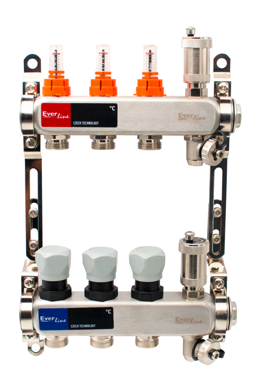  Set distribuitor inox 1 3 cai, cu debimetre automate si robineti golire Everline EVP-DSF3411/3 EVP-DSF3411/3
