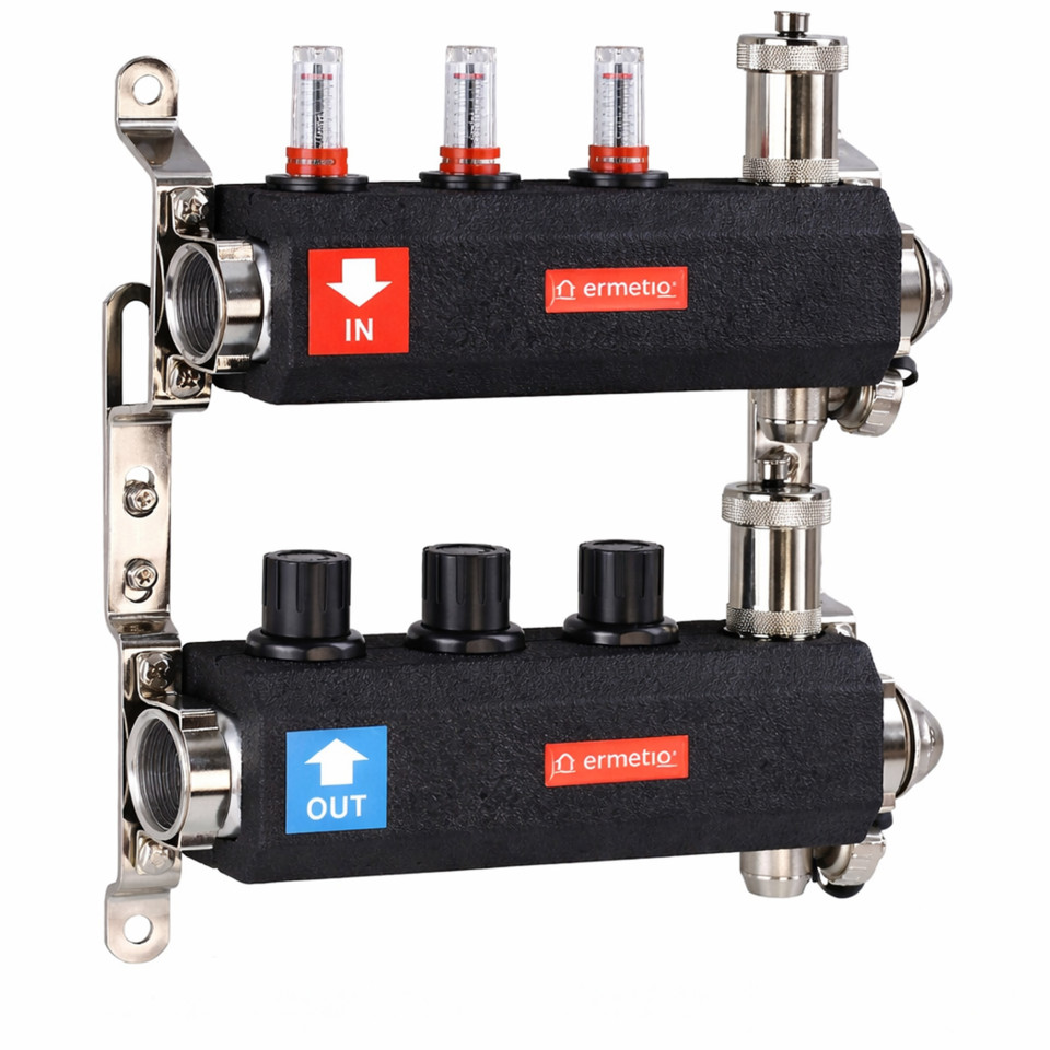  Distribuitor inox izolat 3 cai 1x3/4 cu debitmetre, aerisitor, robinet golire Ermetiq EVP-DSF3411/3A EVP-DSF3411/3A