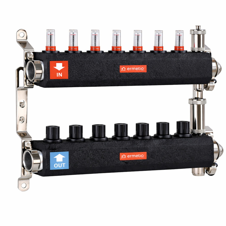  Distribuitor inox izolat 7 cai 1x3/4 cu debitmetre, aerisitor, robinet golire Ermetiq EVP-DSF3411/7A EVP-DSF3411/7A