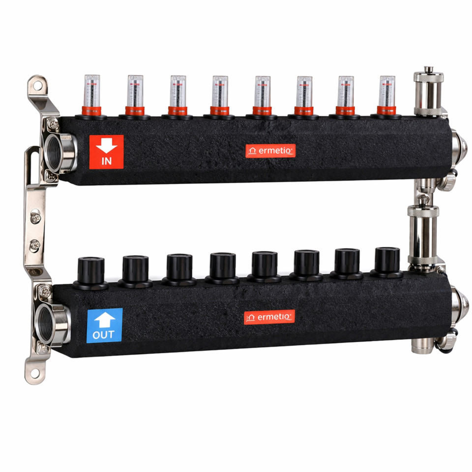  Distribuitor inox izolat 8 cai 1x3/4 cu debitmetre, aerisitor, robinet golire Ermetiq EVP-DSF3411/8A EVP-DSF3411/8A