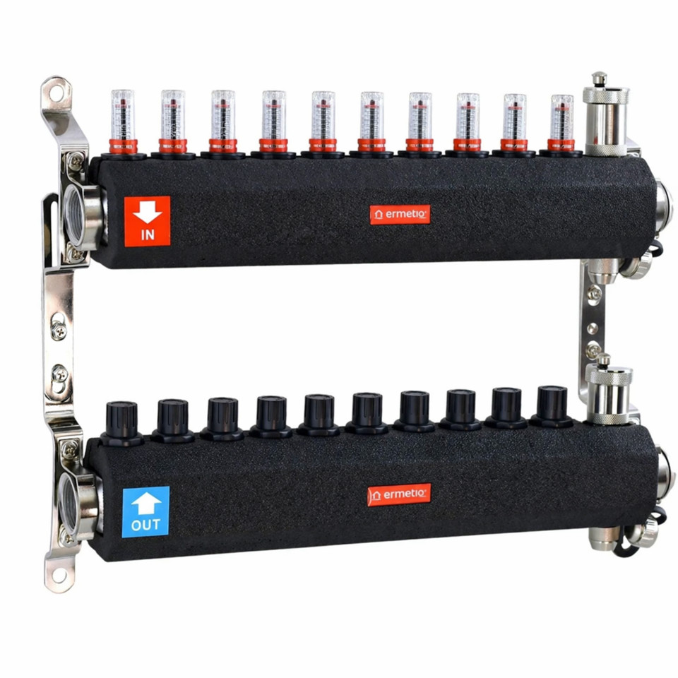  Distribuitor inox izolat 10 cai 1x3/4 cu debitmetre, aerisitor, robinet golire Ermetiq EVP-DSF3411/10A EVP-DSF3411/10A