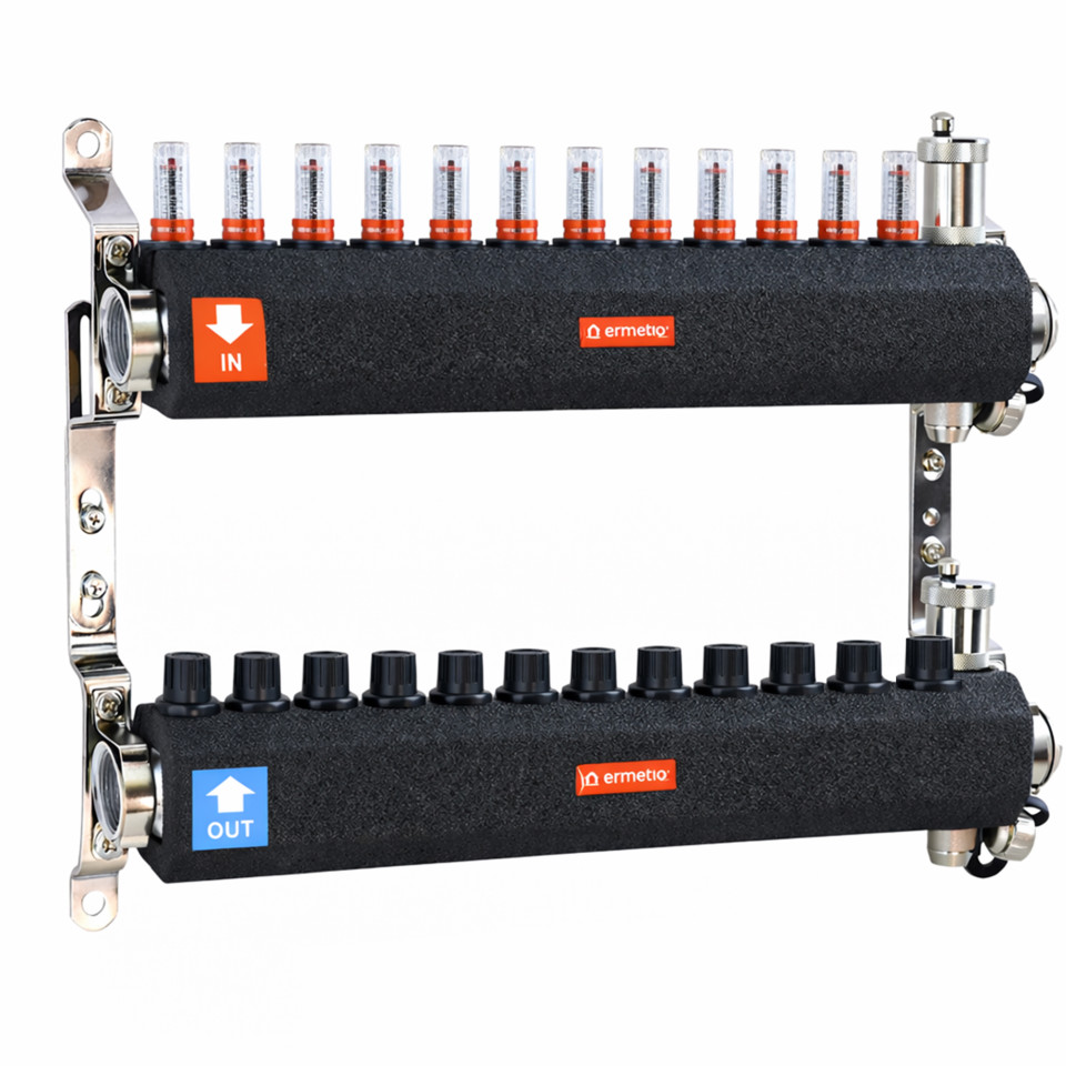  Distribuitor inox izolat 12 cai 1x3/4 cu debitmetre, aerisitor, robinet golire Ermetiq EVP-DSF3411/12A EVP-DSF3411/12A