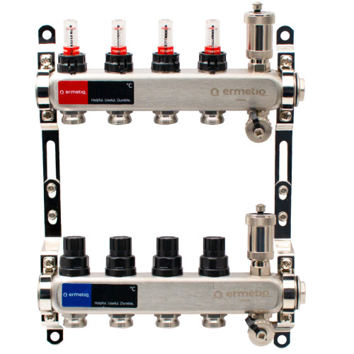  Distribuitor inox izolat 4 cai 1x3/4 cu debitmetre, aerisitor, robinet golire Ermetiq EVP-DSF3411/4A EVP-DSF3411/4A